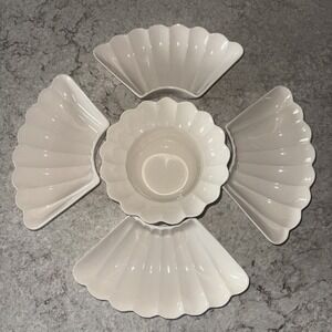 5 Pc Vintage California Pottery Cream Dish Bowl Set Scalloped Flower Chips READ